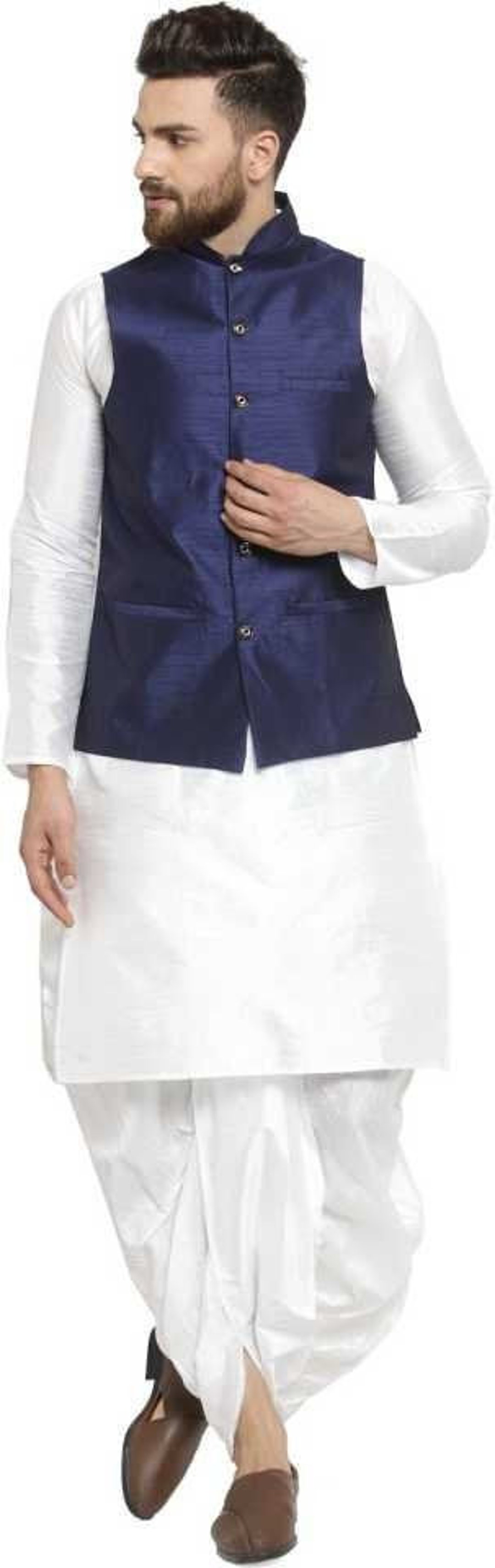 Indian Banarasi Silk Plain Waistcoat With Kurta Pajama Dhoti Set