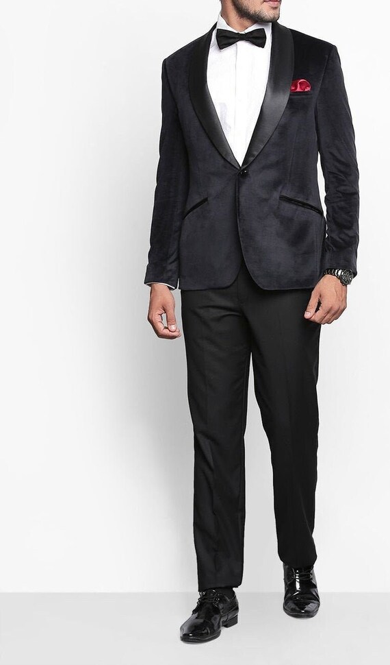 Black Velvet Coat Pant 1 Button Suit 