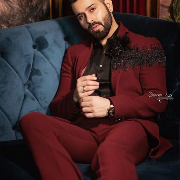 Coat pant Designer Heavy Sequin Work Maroon Tuxedo Coat pant Wedding Partywear Blazer for Groom and Groomsmen Dress code