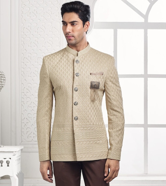 Grey Color Jacquard Fabric Readymade Jodhpuri Suit For Men