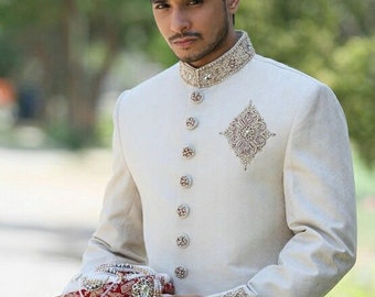 Sherwani for Men Wedding Off White Designer Bandhgala Royal Jodhpuri Style Groom Embroidered Collar Chest Heavy Top Suit Blazer Coat