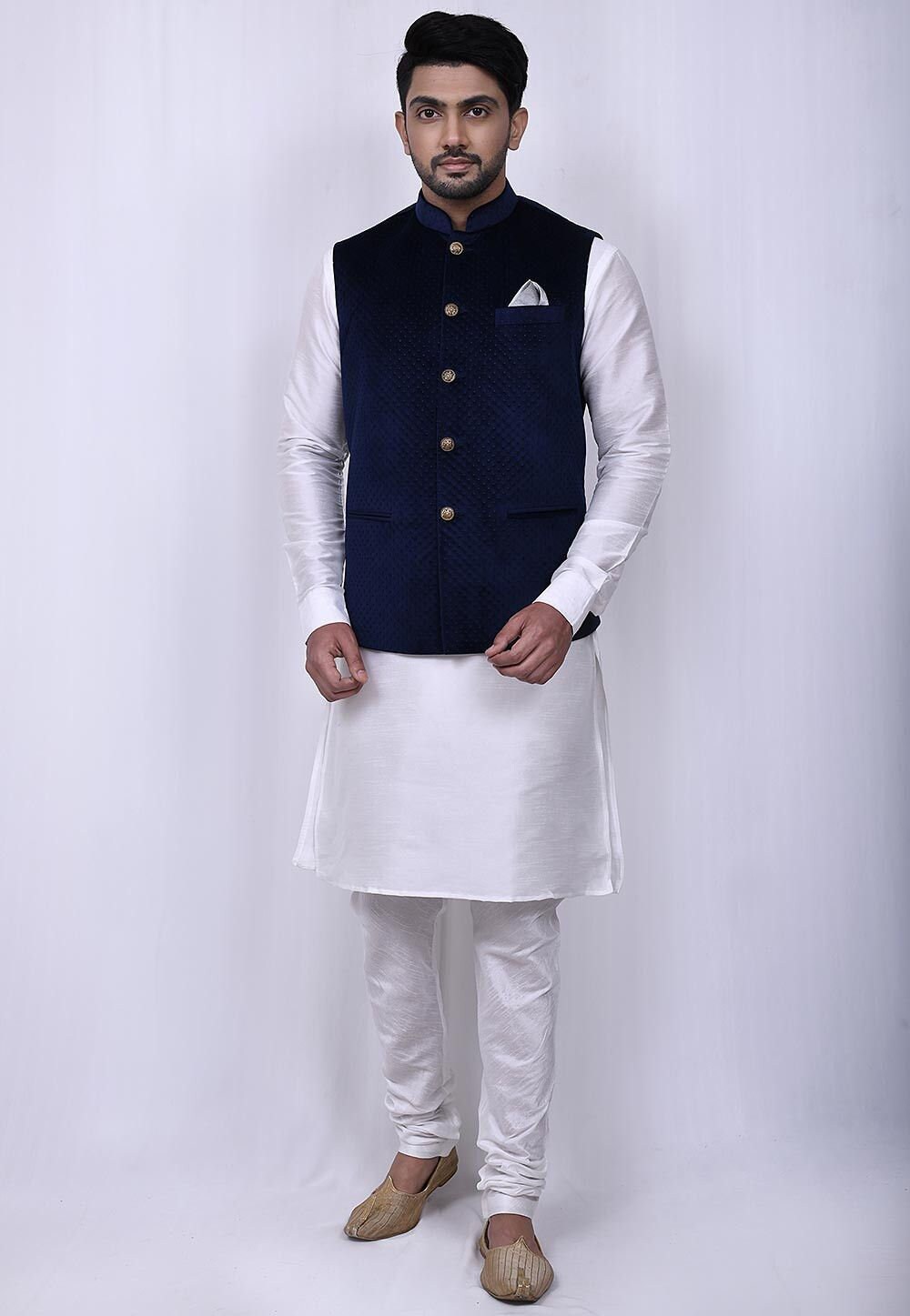 White Kurta Pajama With Velvet Waist Coat Traditional Style