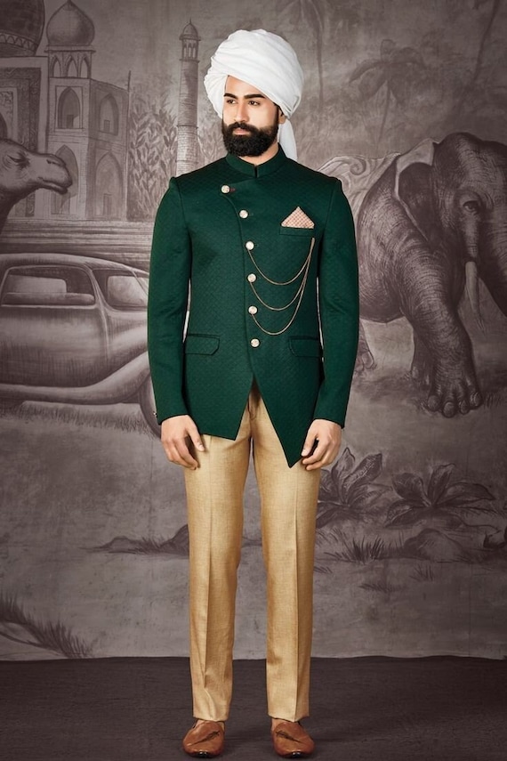 Dark Slate Green Plain-Solid Premium Wool Blend Bandhgala/Jodhpuri Suits  for Men.