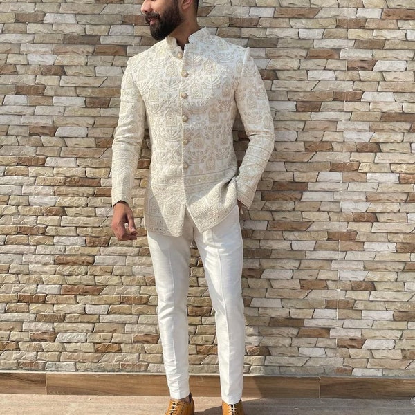 Indian Dress Ethnic Ivory Sherwani for Men Wedding Jodhpuri Achkan Bandhgala Traditional Jacket Reception Designer Coat Pant Suit Dress