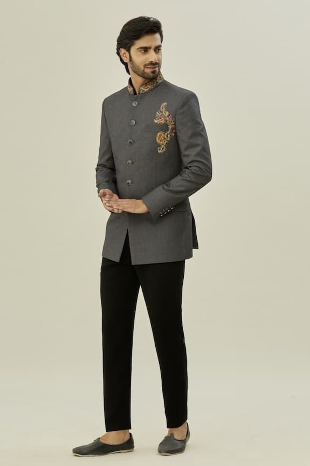 Grey Prince Coat Jodhpuri Suit Indian Jacket Style Bandhgala Coat Pant