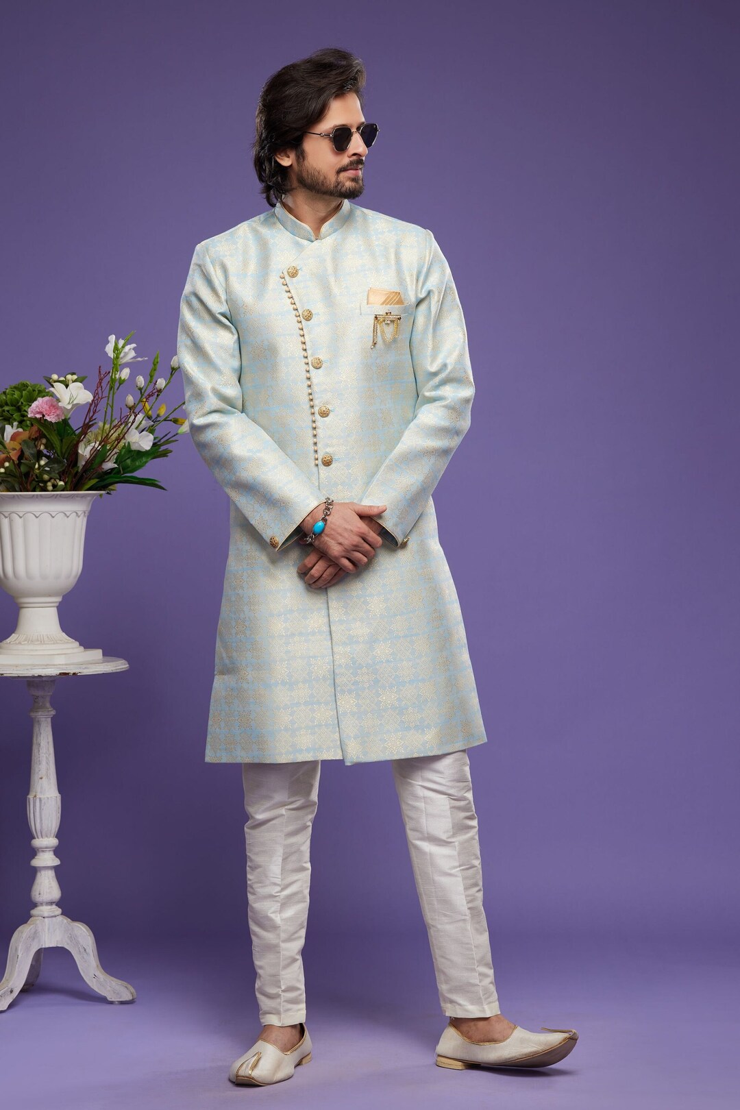 Indischer Jodhpuri Achkan Anzug Herren - Hochzeits Sherwani Grün/Weiß