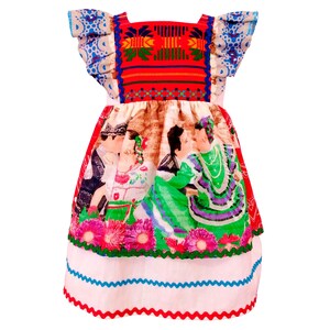 Vestido infantil Adelita manga curta bordado estilo mexicano algodão festa independência