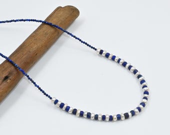 Lapis Faceted Beads Necklace: Blue Lapis Gemstone Bead Jewelry, Freshwater Pearls Necklaces, September Birthstone