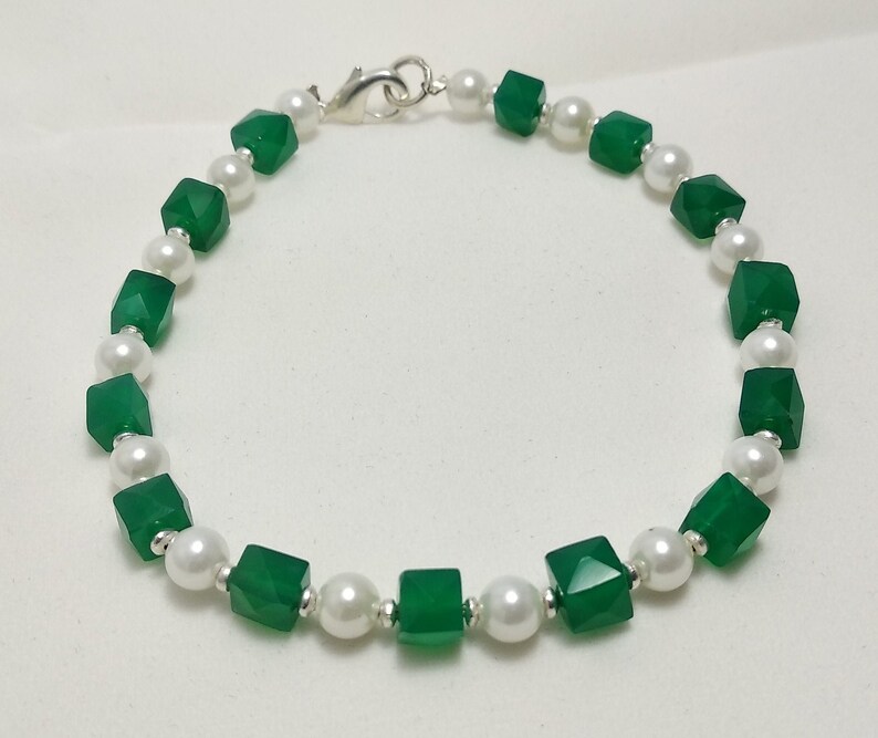 Stylish Bracelet Fashionable Bracelet Green Onyx Cube Beaded Bracelet Plated Silver Pearls Designer Bracelet Girly Bracelet 7 Length
