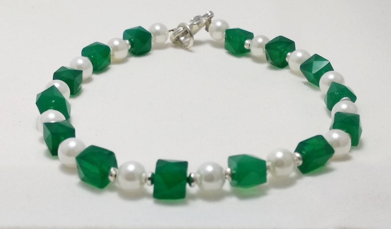 Stylish Bracelet Fashionable Bracelet Green Onyx Cube Beaded Bracelet Plated Silver Pearls Designer Bracelet Girly Bracelet 7 Length