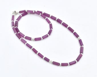 Natural Pink Sapphire Faceted Tube Beads Necklace, Sterling Silver, 18 Inch, September Birthstone