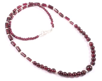 Natural Garnet Beads Necklace, Garnet Gemstone Shape Beads Necklace, AAA Grade Garnet Round Beads 925 Silver Necklace 3-6 MM Round  18"