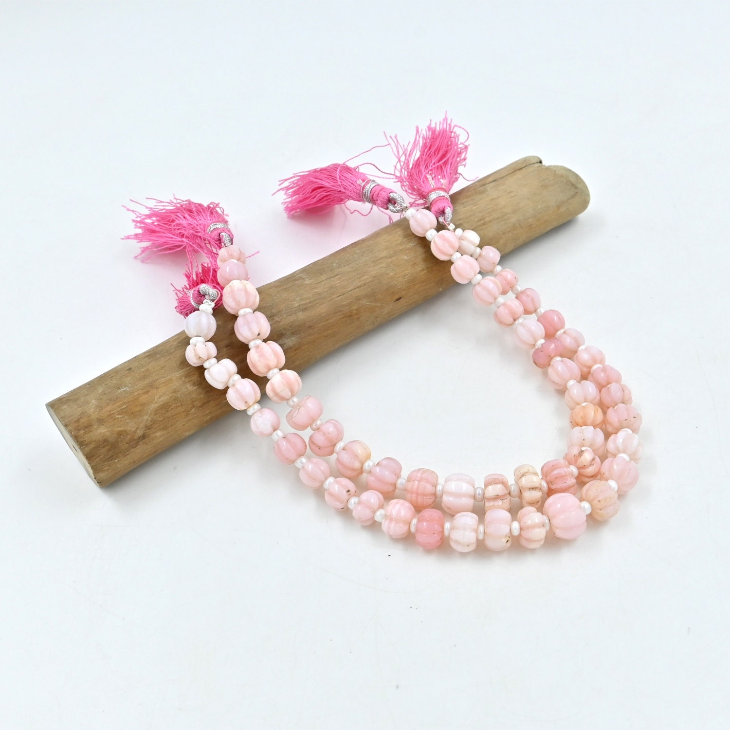 Pink Opal Pumpkin Carving Beads, 8-inch Natural Gemstone Strand