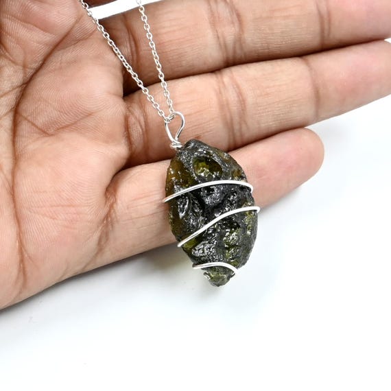 Raw Moldavite Pendant: 925 Sterling Silver Pendant, Authentic