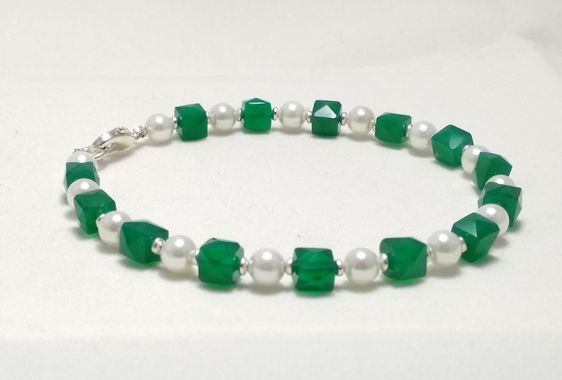 Stylish Bracelet Fashionable Bracelet Green Onyx Cube Beaded Bracelet Plated Silver Pearls Designer Bracelet Girly Bracelet 7 Length