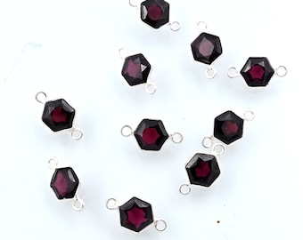 Pingentes hexagonais facetados de granada, 8 mm, conectores em prata de lei 925.