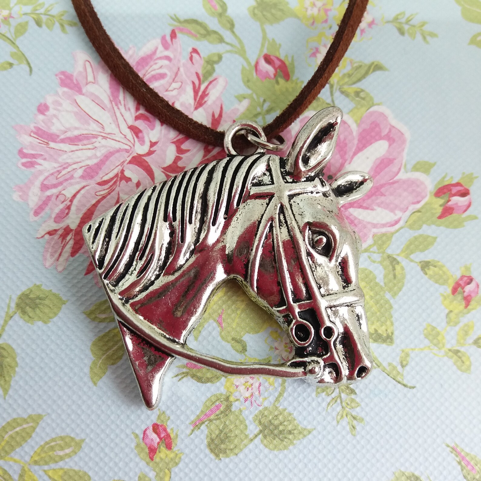 Lovely necklace with horse head pendant and a brown suede cord Etsy