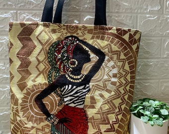 Large Fancy Multicolored Fabric Tote Bag Madrid Pattern Tote Bag