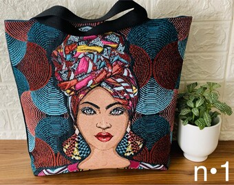 Personalized XL jacquard tote bag with snap button or zipper, rigid two-material faux leather bag, women's gift idea