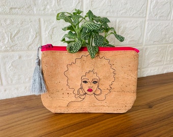 Customizable embroidered cork makeup bag - vegan women&#39;s pouch, original gift, 20 designs to choose from, Mother&#39;s Day idea