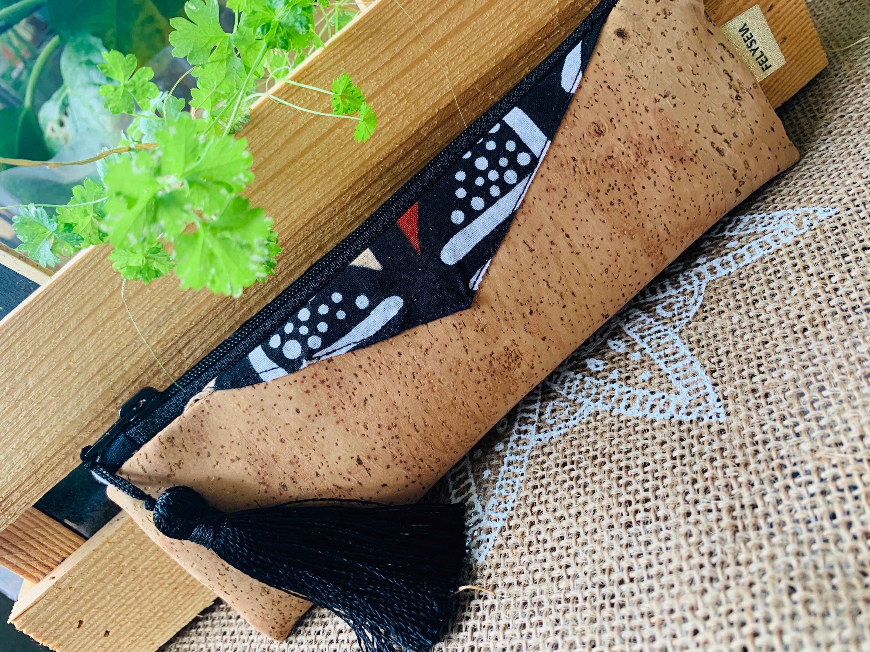 Cork and bogolan wax fabric pencil case – Ethical pouch, makeup bag, original women’s gift, handmade accessory