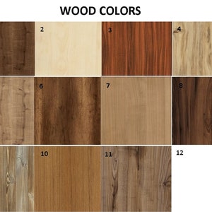 May include: A chart showing 12 different wood colors, labeled 1 through 12. The wood colors range from light to dark, with different grain patterns.