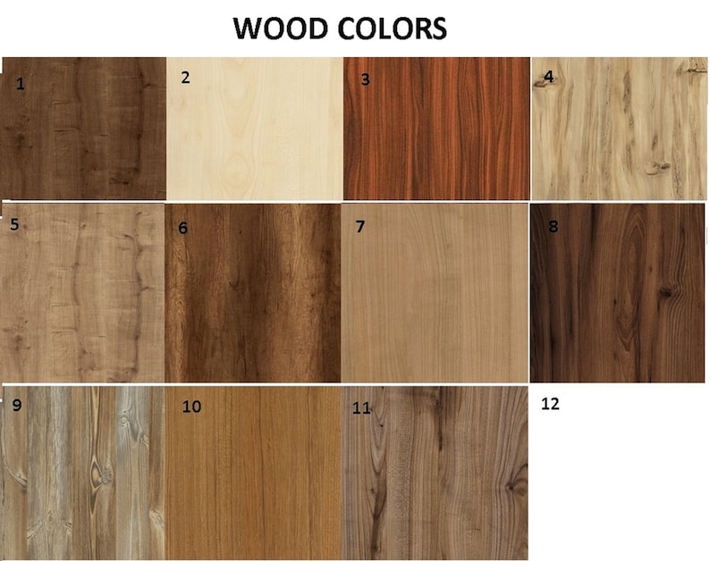 May include: A chart showing 12 different wood colors, labeled 1 through 12. The wood colors range from light to dark, with different grain patterns.