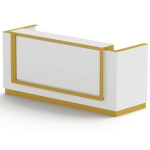 Puede incluir: Un mostrador de recepci&oacute;n blanco con un borde dorado alrededor de los bordes. El mostrador tiene una forma rectangular y una parte superior plana.