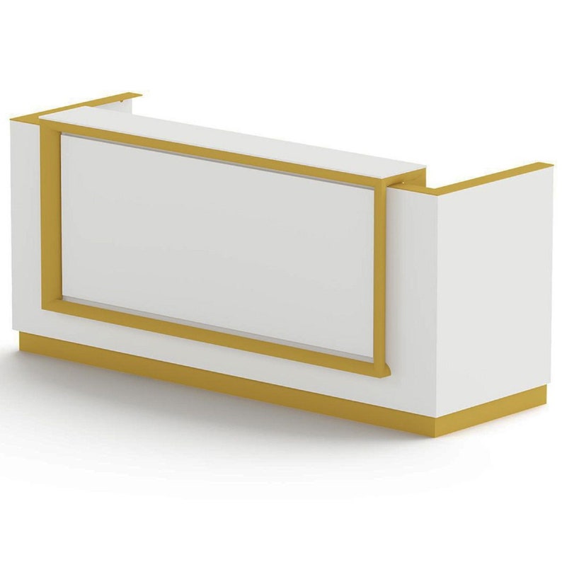 Puede incluir: Un mostrador de recepci&oacute;n blanco con un borde dorado alrededor de los bordes. El mostrador tiene una forma rectangular y una parte superior plana.
