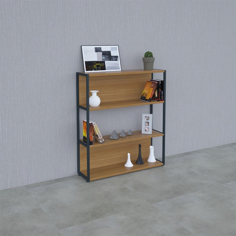 Bookshelf Bookcase Modern White Teak Metal Wooden Image 0