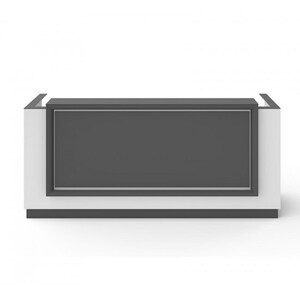 Puede incluir: Un mostrador de recepci&oacute;n moderno, blanco y gris, con una parte superior rectangular y un panel enmarcado elevado. El mostrador tiene un dise&ntilde;o simple y limpio.