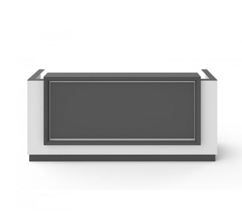 Puede incluir: Un mostrador de recepci&oacute;n moderno, blanco y gris, con una parte superior rectangular y un panel enmarcado elevado. El mostrador tiene un dise&ntilde;o simple y limpio.