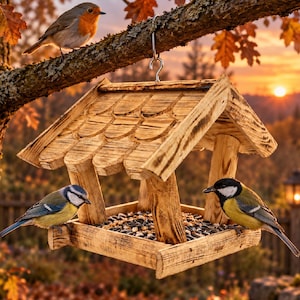 May include: A wooden bird feeder with a gabled roof and a square base filled with mixed seeds. The feeder is suspended from a tree branch by a metal hook. A robin sits on the branch above, while a blue tit and a great tit perch on the feeder.