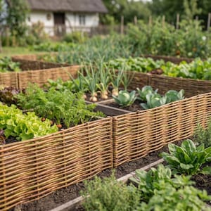 Può includere: Un orto con una varietà di verdure, tra cui lattuga, carote e cavolo, è delimitato da una staccionata in vimini intrecciato. L'orto è ben curato, con piante verdi lussureggianti e un'estetica rustica. Una piccola casa è visibile sullo sfondo.