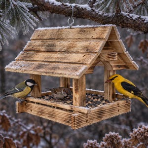 Vogelhaus zum Aufhängen, Vogelfutterhaus, Vogelstation, Futterspender, Futterstation, Holz, Birke, Handarbeit aus Natur Holz, M4