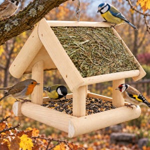 Vogelhaus zum Aufhängen, Vogelfutterhaus, Vogelstation, Futterspender, Futterstation, Holz, Birke, Handarbeit aus Natur Holz, M2