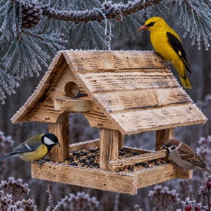 May include: A wooden bird feeder with a peaked roof, filled with seeds, hanging from a pine branch covered in frost. A bright yellow bird with black wings sits on the roof, while a great tit and a sparrow perch on the feeder base.