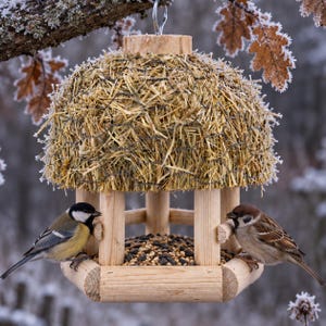 Vogelhaus zum Aufhängen, Vogelfutterhaus, Vogelstation, Futterspender, Futterstation, Holz, Birke, Handarbeit aus Natur Holz, M8