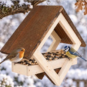 May include: A wooden bird feeder with a dark brown gabled roof and a light-colored wooden base tray filled with mixed seeds. A European robin with an orange breast and a blue tit with yellow and blue plumage are perched on the feeder tray.