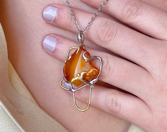 Handgefertigter Sterling Silber Bernstein Anhänger, Eleganter Honig Baltischer Schmuck