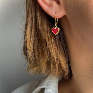 Gold Plated Heart Shaped Earrings, Sterling Silver 925, Minimalist Red Enamel Heart Dangle Earrings, Handmade Romantic Jewelry Gift for Her