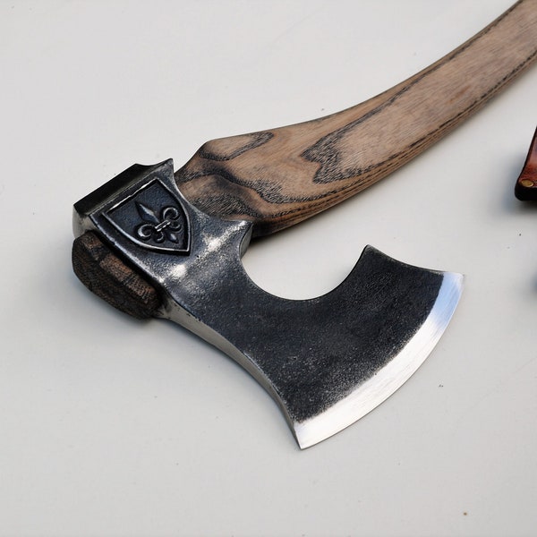 Custom axe "Fleur-de-lis and Phoenix"-D2 Steel- Finnish type handle- felling, chopping and splitting axe. Steel Iron 6th anniversary gift.