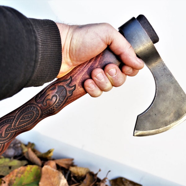 Viking small axe with carved handle "Tiny Dragon"- cheap and perfect. Bikers gift, cosplay, camping and Steel anniversary. Jewelry carving.