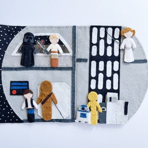 May include: Felt play set featuring characters from Star Wars. The set includes Luke Skywalker, Darth Vader, Princess Leia, Chewbacca, R2-D2, and C-3PO. The characters are attached to a felt background with a white stitched border.
