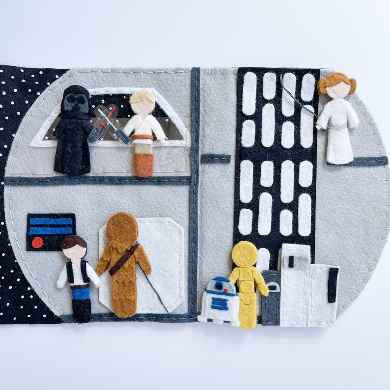 May include: Felt play set featuring characters from Star Wars. The set includes Luke Skywalker, Darth Vader, Princess Leia, Chewbacca, R2-D2, and C-3PO. The characters are attached to a felt background with a white stitched border.