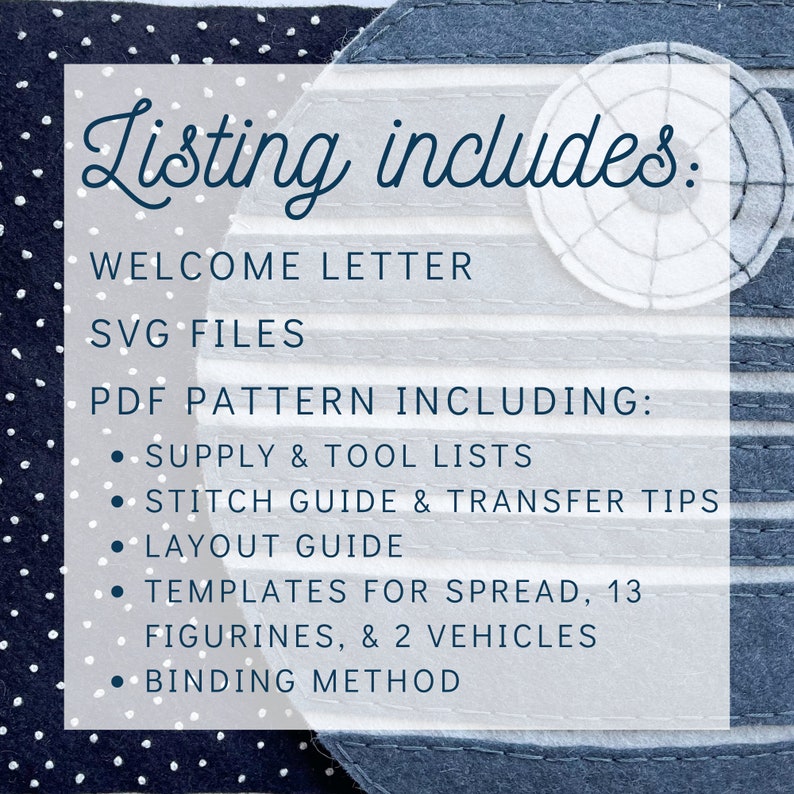 May include: A white card with blue text that reads "Listing includes:" and lists the contents of a digital pattern download. The contents include a welcome letter, SVG files, a PDF pattern, supply and tool lists, stitch guide, layout guide, templates for a spread, 13 figurines, and 2 vehicles, and a binding method.