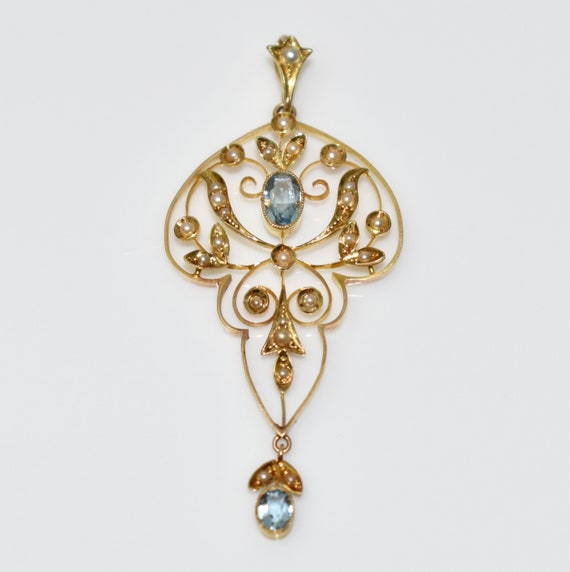 Fine Edwardian 15 ct Gold Art Nouveau Aquamarine … - image 9