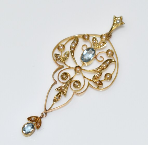 Fine Edwardian 15 ct Gold Art Nouveau Aquamarine … - image 4