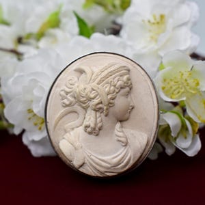 May include: A circular cameo brooch with a classical profile in cream relief, set in a silver frame. The cameo shows a woman with detailed hair and draped clothing. White flowers provide a soft background.