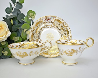 Fine Handpainted Davenport True Trio, Tea, Coffee cup and saucer set, ca 1838